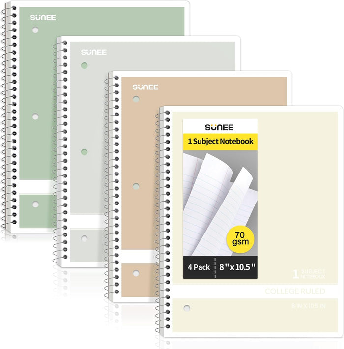 SUNEE Spiral Notebooks, 1-Subject, 5 Pack, College Ruled Paper, 8" x 10-1/2", 70 Sheets per Notebook,3-Hole Punched Paper, Pink,Purple, Blue, Green, Yellow Spiral Lined Notebooks for School,Work