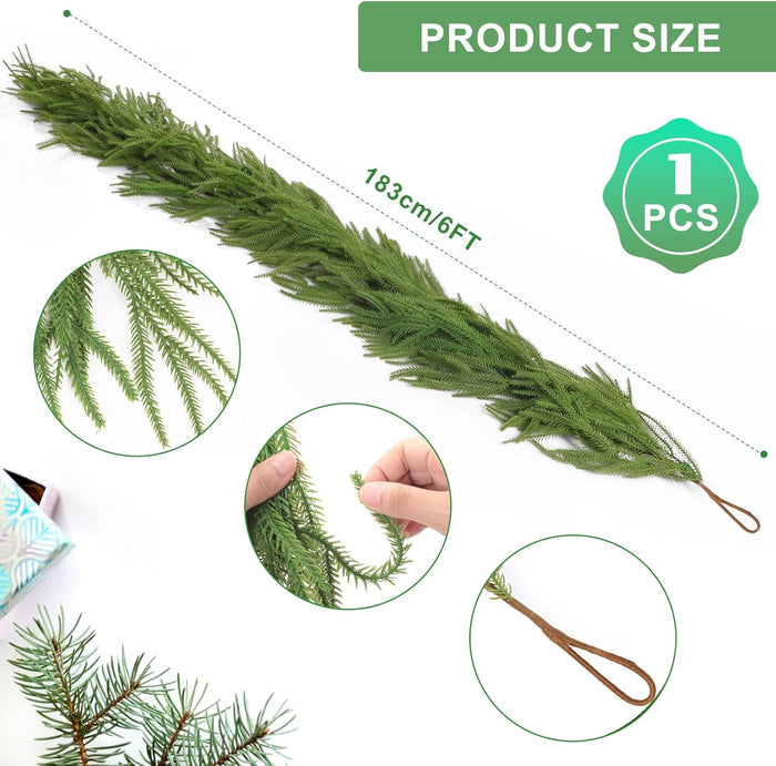 Christmas Garland for Mantle, Norfolk Pine Garland Artificial Greenery Garlands for Table, Wall, Mantle, Indoor, Outdoor Christmas Decorations(1 PCS, 6 FT)