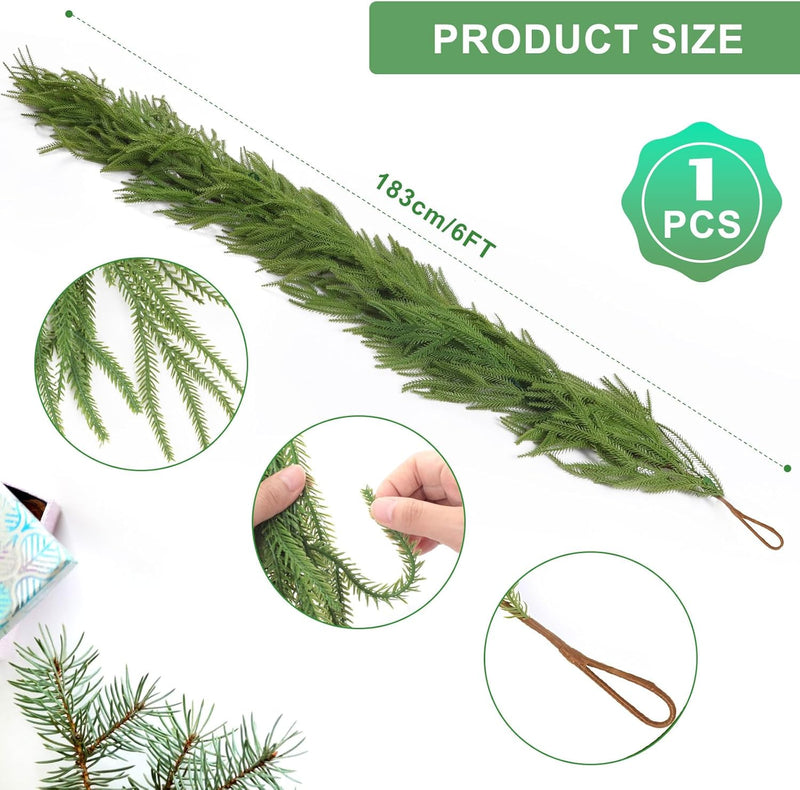 Christmas Garland for Mantle, Norfolk Pine Garland Artificial Greenery Garlands for Table, Wall, Mantle, Indoor, Outdoor Christmas Decorations(1 PCS, 6 FT)