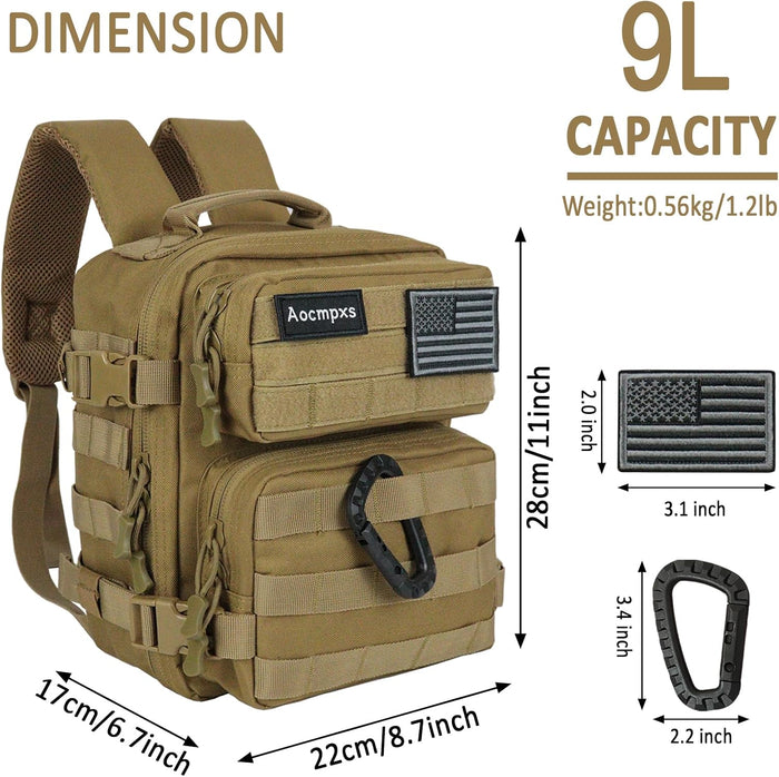 Mini Tactical Backpack, 9L Small Gym Backpacks Sport Bag for Men Women Molle Military Pack with US Flag Patch and Carabiner (Tan)