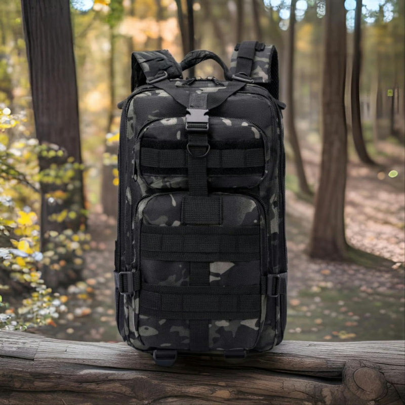 30L Comfortable Durable Military Tactical Backpack w/USA Flag Patch, MOLLE Hiking Camping Travel Bag,（black camouflage）