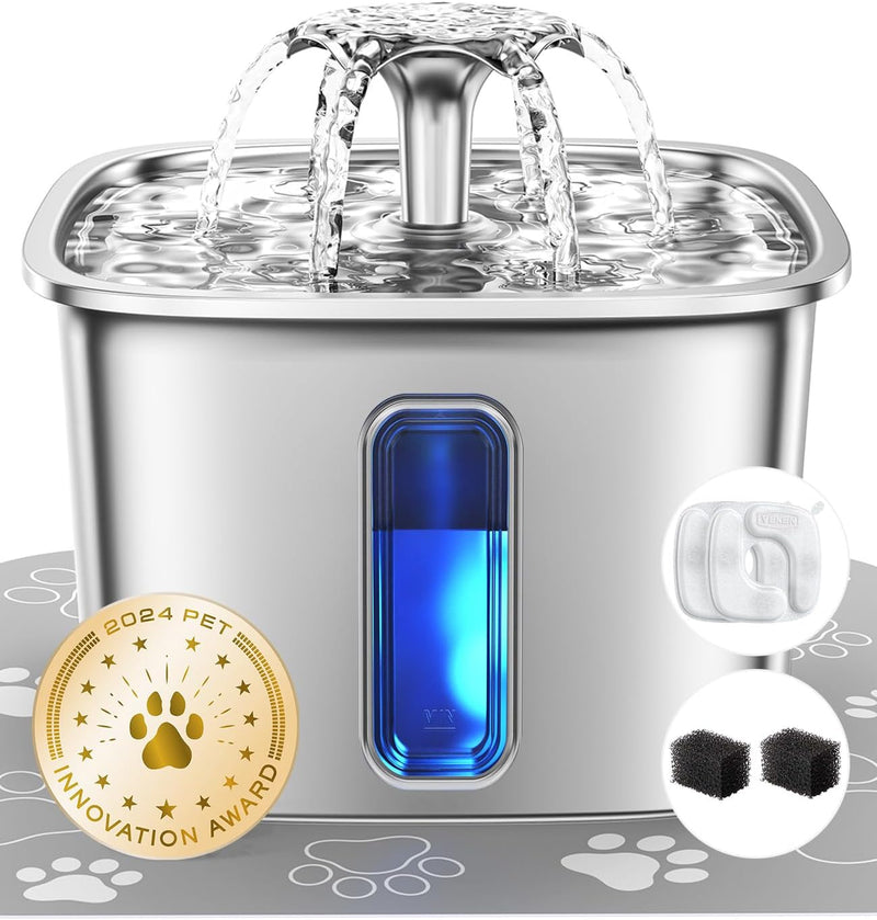 Veken Innovation Award Winner Stainless Steel Cat Water Fountain, 95oz/2.8L Automatic Pet Fountain Dog Water Dispenser with Replacement Filters & Silicone Mat, Gifts for Christmas, Cats, Dogs (Silver)