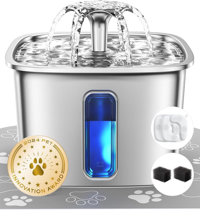 Veken Innovation Award Winner Stainless Steel Cat Water Fountain, 95oz/2.8L Automatic Pet Fountain Dog Water Dispenser with Replacement Filters & Silicone Mat, Gifts for Christmas, Cats, Dogs (Silver)