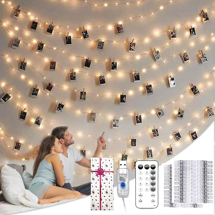 Photo String Lights with Clips for Hanging: 33Ft 100LED & Timer Fairy Light with 50 Clear Clip for Picture Display - Indoor Bedroom Room Dorm Wall Decor - Christmas Party Wedding Romantic Lighting