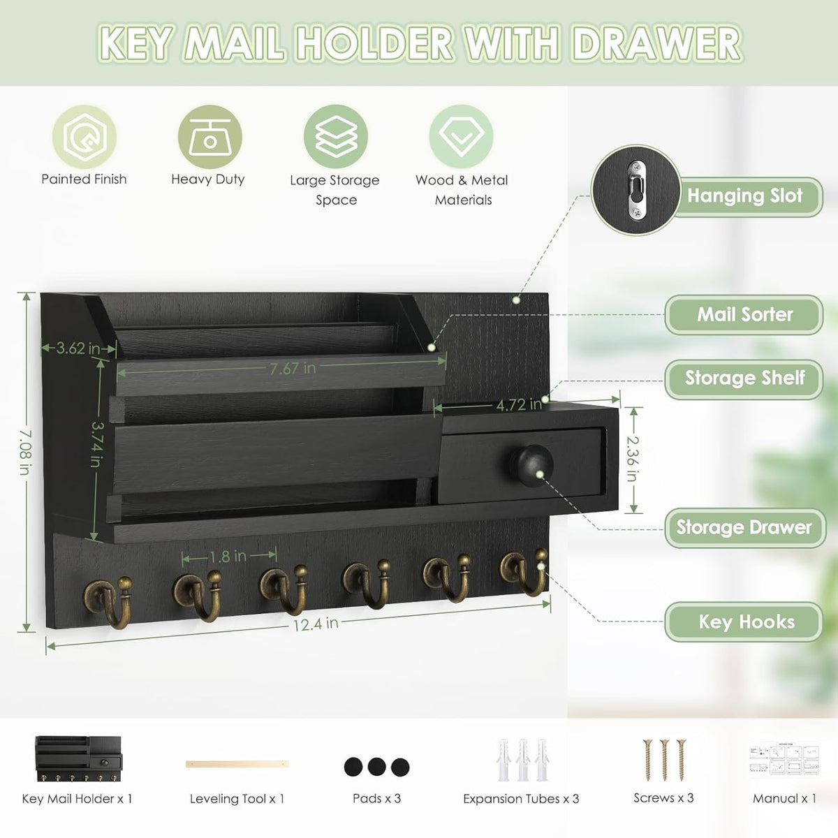 VIS'V Key Holder Wall Mount, Wooden Mail and Key Organizer with Drawer and Shelf, 2 Slots, 6 Hooks, Black