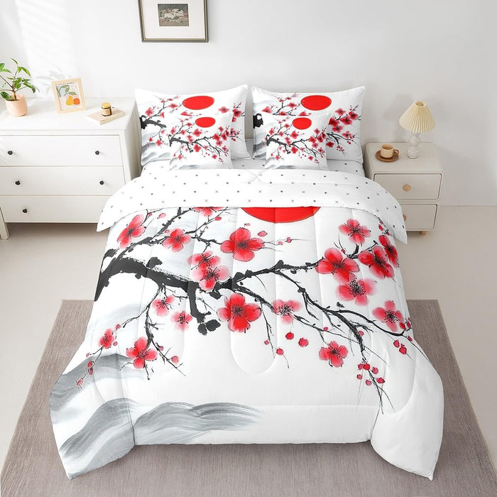 Feelyou Cherry Blossoms Bed Set for Kids Boys Girls Twin Size Sakura Flower 7 Pieces Beeding Set Ultra Soft Japanese-Style Bed in a Bag with Comforter, Sheets, Pillowcases Floral Botanical Room Decor