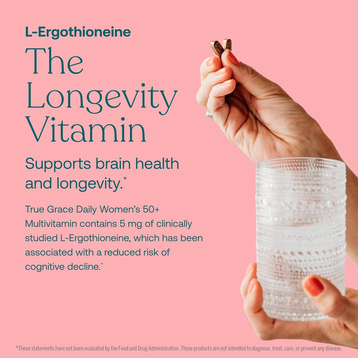 True Grace Daily Women’s Multivitamin 50+ - 60 Easy-to-Swallow Tablets - Immune, Energy, Longevity & Memory Support - Vegan - Gluten, Soy & Iron Free - 30 Servings