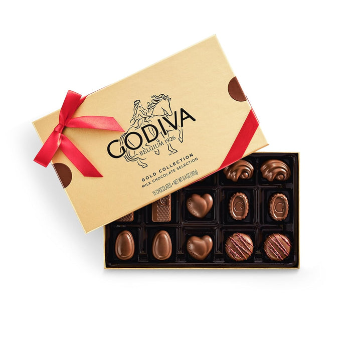 Godiva Red Bow Gold Assorted Chocolate Gift Box, Belgian Dark and Milk Chocolates with Pralinés, Ganaches & Caramels, Gourmet Holiday Gift, Non-GMO & Kosher, 15 Pc