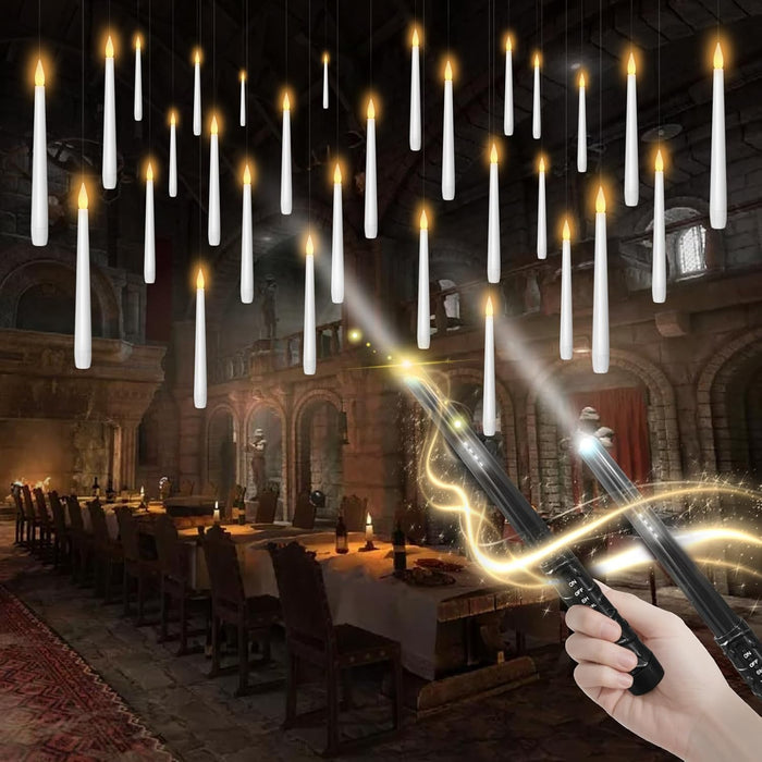 Flameless Floating Candles with Wand，20 Pcs Magic LED Hanging Taper Candles，Flickering Battery Operated Taper Candle with Wand Remote for Halloween Decorations Best Gift（White）
