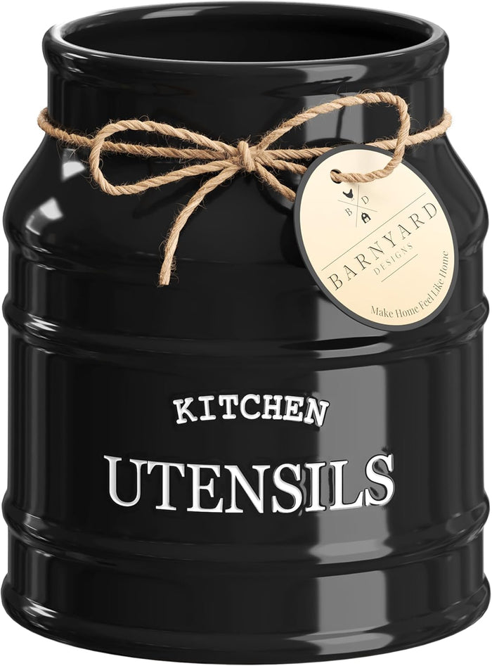Barnyard Designs Ceramic Farmhouse Utensil Holder for Kitchen Counter, Large Rustic Utensil Crock, Countertop Cooking Tool Spatula Organizer, 6.75” (White)