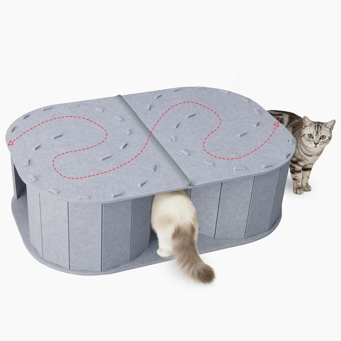 PETKARAY 2-Story Felt Cat House, Large Bed Cave for Indoor Cats, Felt Tunnel Hideaway Condo for Multi-Cat Households, 23.6x22x12 inches, Grey