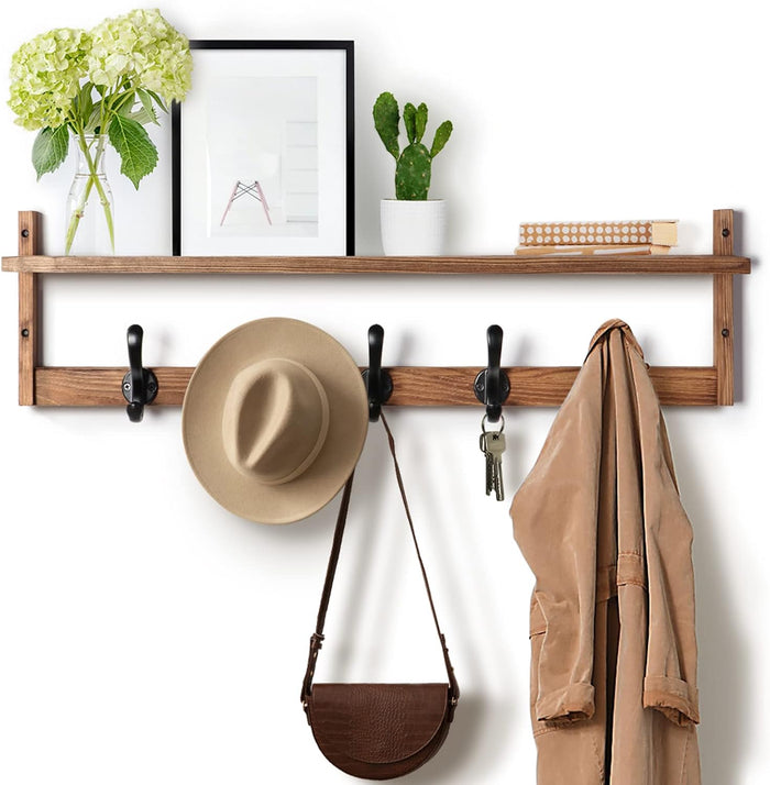 Tatub 29'' Coat Rack Wall Mount with Shelf, Wood Wall Hooks with Storage, Entryway Shelf with 5 Coat Hangers for Bathroom, Living Room, Bedroom, Black