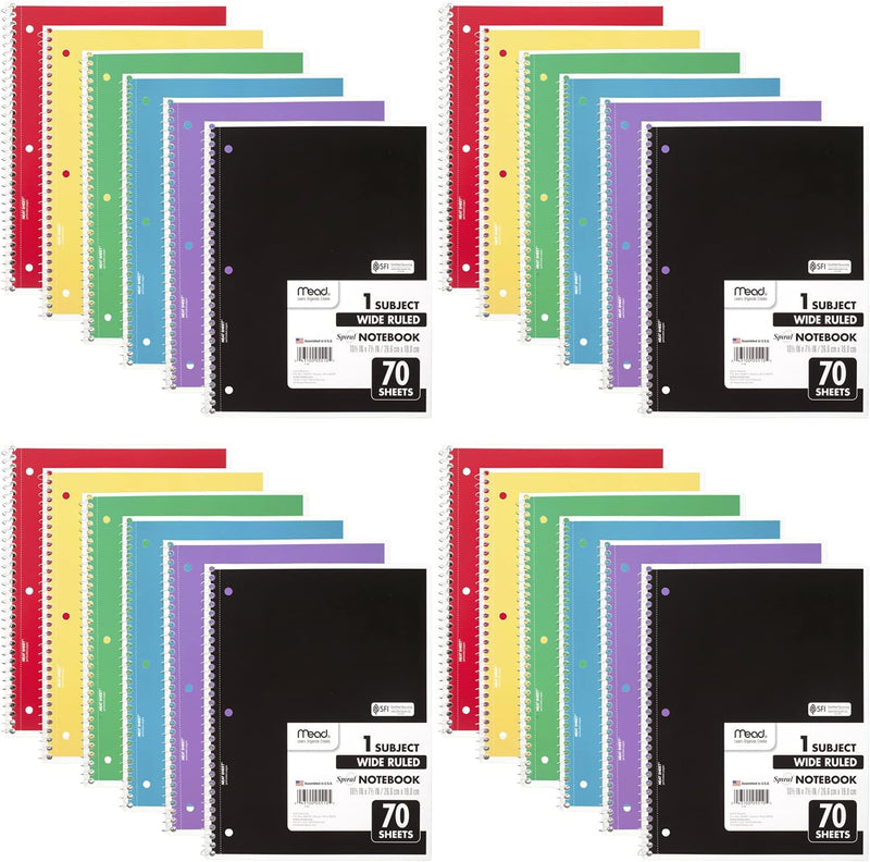 Mead Spiral Notebook, 6 Pack, 1 Subject, Wide Ruled Paper, 7-1/2" x 10-1/2", 70 Sheets per Notebook, Colors Will Vary (930201-ECM25)