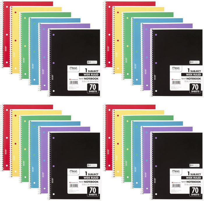 Mead Spiral Notebook, 6 Pack, 1 Subject, Wide Ruled Paper, 7-1/2" x 10-1/2", 70 Sheets per Notebook, Colors Will Vary (930201-ECM25)