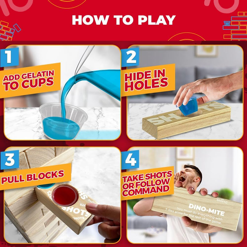 SWOOC Games - Giant Tower Party Game with Hidden Jello Shots - Includes Disposable Cups, Lids & Carrying Case - Stacks up to 5ft - Tipsy Topple Game for Adults - Giant Outdoor Games - Jumbo Bar Fun