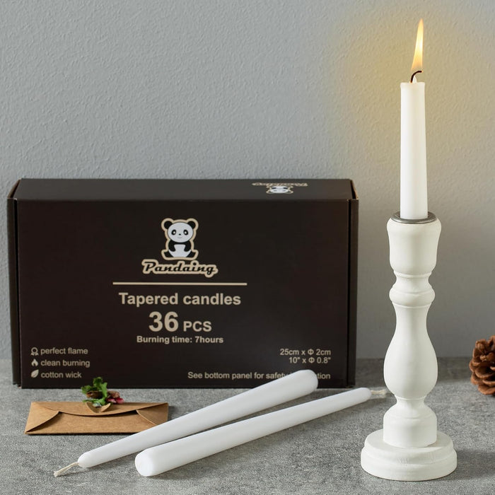 36 Pack White Taper Candles, 6-7 Hours Burn Time, Unscented and Smokeless, 4/5 x 10 Inch Dinner Candle Set for Household, Wedding, Party and Home Décor Candlesticks