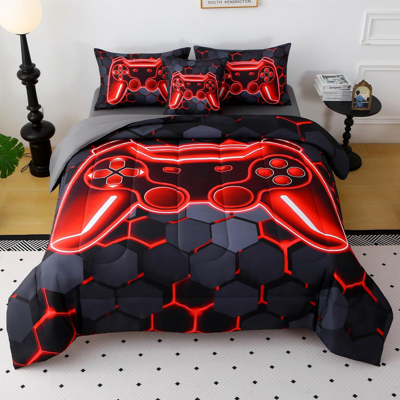 JQinHome Twin Gamer Comforter Sets for Boys&Girls ,6 Piece Bed in A Bag 3D Video Game Bedding -All Season Microfiber Gamer Bedding Sets for Kids, with Pillowcase, Flat & Fitted Sheet,Cushion Cover