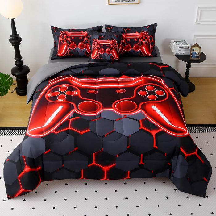 JQinHome Full Gamer Comforter Set,6 Piece Bed in A Bag 3D Video Game Bedding -All Season Down Alternative Gamer Bedding Sets - (Blue Game Controller)