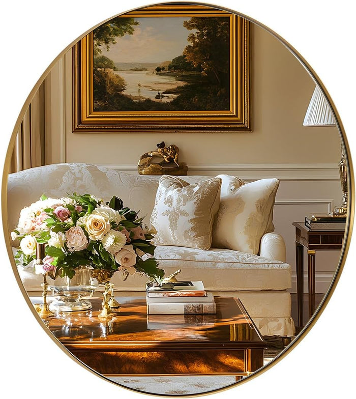 ANDY STAR Round Gold Mirror 30 inch, Brass Mirror with Brushed Gold Frame, Wall Mounted Stainless Steel Metal Frame Round Mirror for Bathroom, Living Room, Bedroom