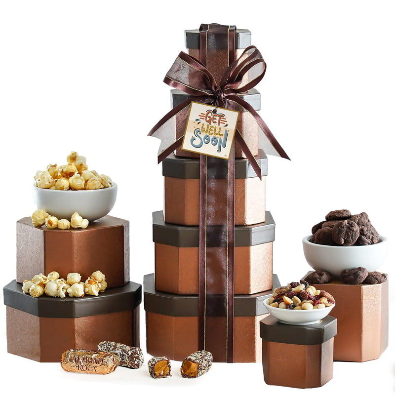 Broadway Basketeers Gift Basket Tower – Gourmet Kosher Snack & Chocolate Food Gifts for Women, Men, Family, Care Package for College & Teachers – Thank You, Christmas Holiday & Corporate