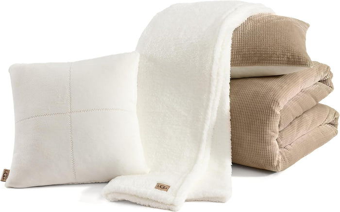 UGG Full/Queen Comforter Set 5 Piece Bed in a Bag with Throw Blanket, Decorative Pillow, Shams, Reversible Hypoallergenic Washable Luxury Warm Fluffy Bedding Set, Brown Birch (Remina)