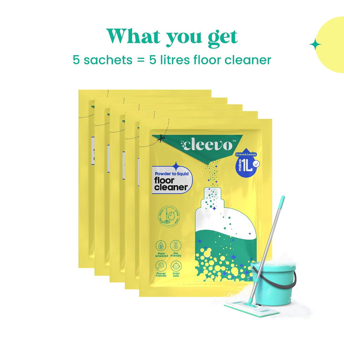 Cleevo Floor Cleaner Liquid (5L Refill Pack) | 1 Pouch = 1L Natural Disinfectant Floor Cleaners for Mops | Chlorine-Free Surface Cleaner, Eco-Friendly All-Purpose Floor Cleaning Liquid (Zesty Lemon)
