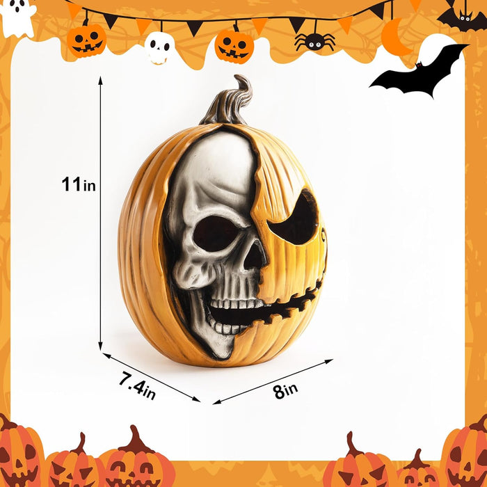 Light Up Jack O Lantern Pumpkin, 11x8 Inch Halloween Decorations Outdoor, Large Spooky Scary Decorative Resin Pumpkin Figurine, Indoor Table Top Desk Shelf Mantel Home Decor