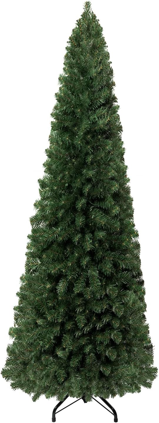 Vienna 7.5ft Prelit Slim Artificial Christmas Tree with 1102 Branch Tips, 350 Warm Lights and Metal Stand, 34" Wide Realistic Skinny Pencil Christmas Tree with Lights by Naomi Home