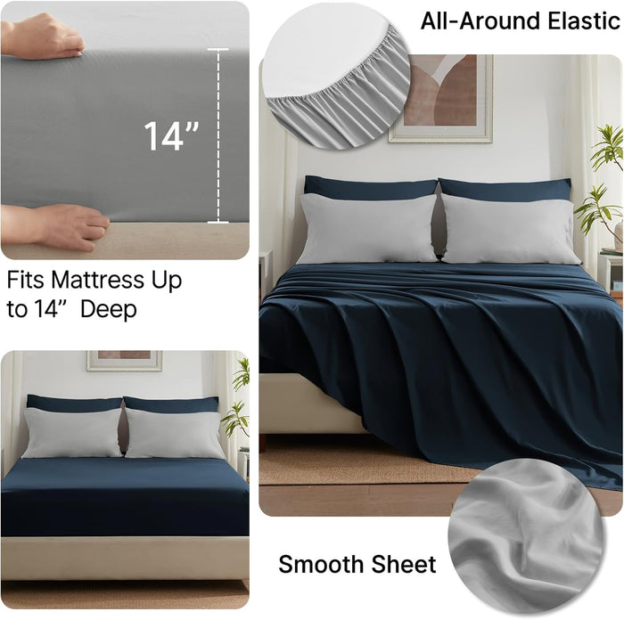 Anluoer Queen Comforter Set 7 Piece, Navy and Grey Bed in a Bag with Sheets