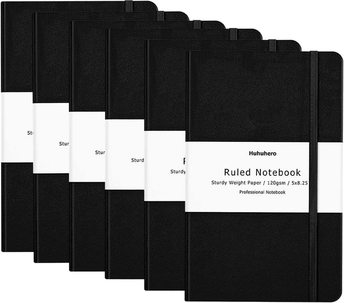 Huhuhero Lined Journal Notebook, 5 Pack Black Hardcover Notebooks for Work Women Men, 120Gsm Thick Paper Leather Journals for Writing Note Taking Business, Journaling School Supplies 5"×8.25"