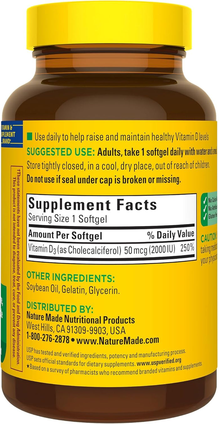Nature Made Vitamin D3 2000 IU (50 mcg), Vitamin D Supplement for Bone, Teeth, Muscle and Immune Health Support, 250 Softgels, 250 Day Supply