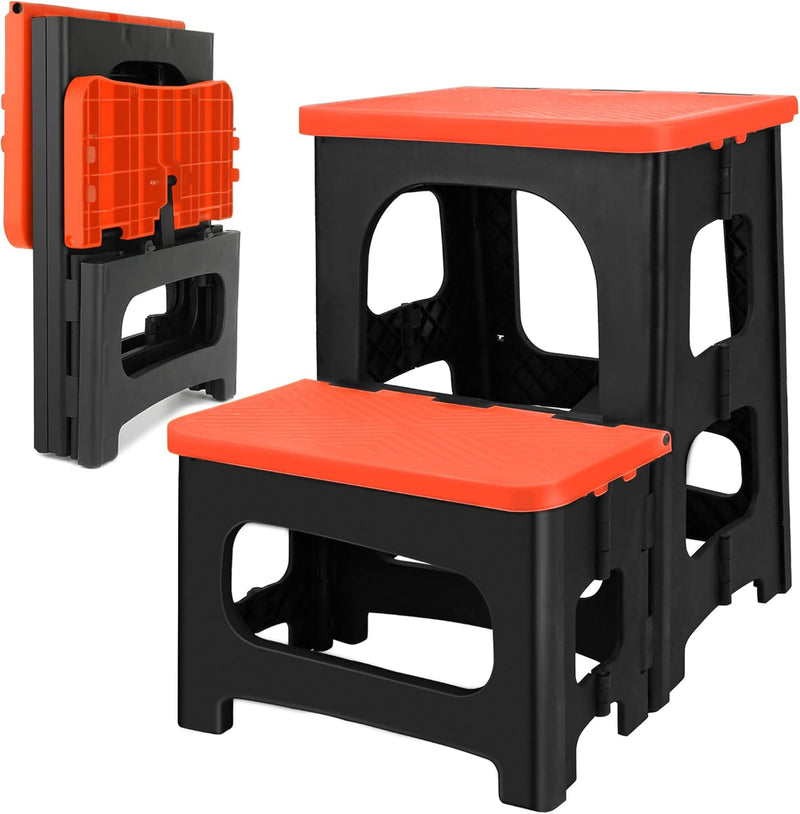 Amoise Folding 2-Step Stool, Non-Slip Portable Footstool 8'' & 17'' Dual Heights, Holds 300 lbs, Portable Footstool for Kitchen Home Toilet Bedroom Office Bathroom RV(Black)