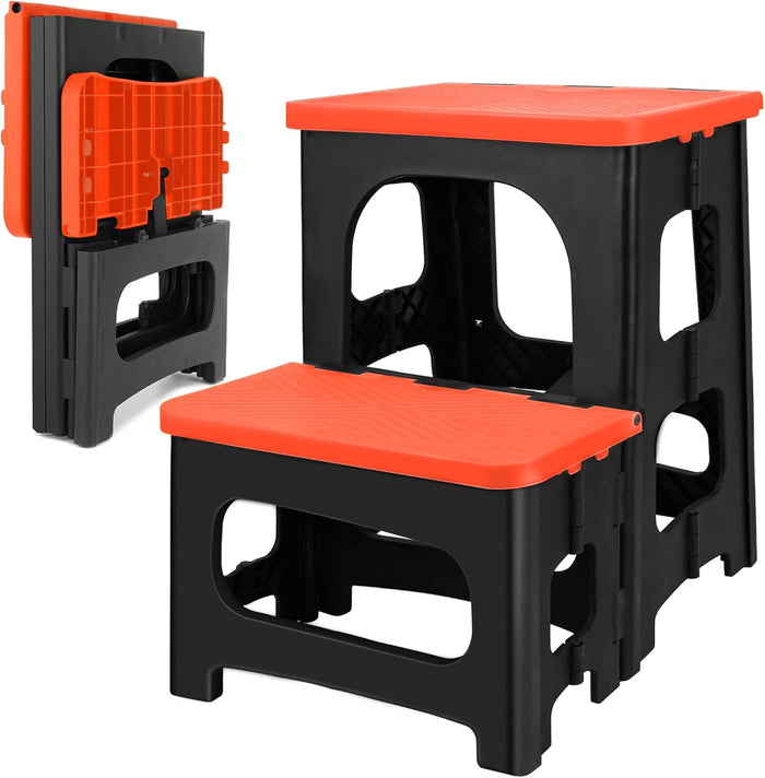 Amoise Folding 2-Step Stool, Non-Slip Portable Footstool 8'' & 17'' Dual Heights, Holds 300 lbs, Portable Footstool for Kitchen Home Toilet Bedroom Office Bathroom RV(Black)