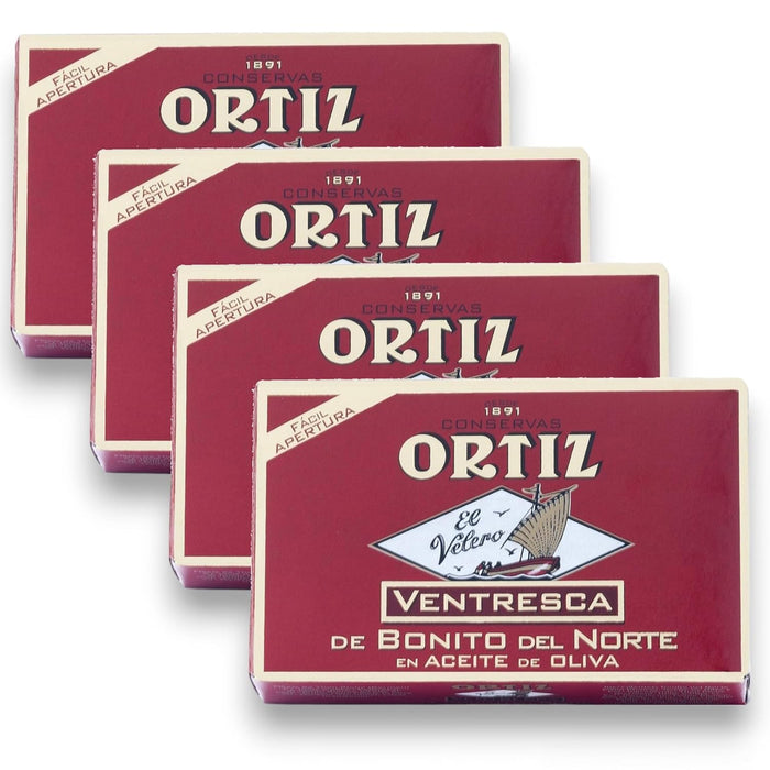 Ortiz Ventresca White Tuna Belly in Olive Oil, Tender Buttery Fillets with Exquisite Flavor, Superior Wild Caught Tuna Packed in Delicate Spanish Olive Oil, 3.88oz Can (Pack of 1)