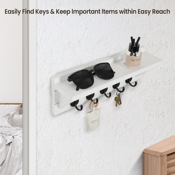 Wall Key Holder, Rustic Shelf with Hooks Made of Paulownia Wood Holds Keys, Dog Leash, Bags and More - 13.7" W x 4.7" H x 3.5" D Decorative Key Hanger and Entryway Shelf