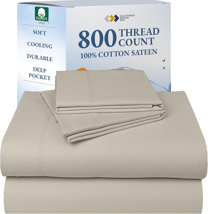 California Design Den Luxury Queen Sheet Set - 800 Thread Count, 100% Cotton Sateen for Queen Size Bed - Bedding Set with Deep Pockets, Cooling & Softer Than Egyptian Cotton Bedsheets (Beige)