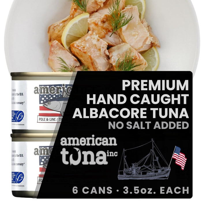 American Tuna Sushi-grade Wild Albacore Tuna Fish - No Salt Added, Wild Caught, MSC Certified, and Pole Caught | (6) 6 Ounce Cans | Super Premium Canned Tuna for Health and Flavor Enthusiasts!