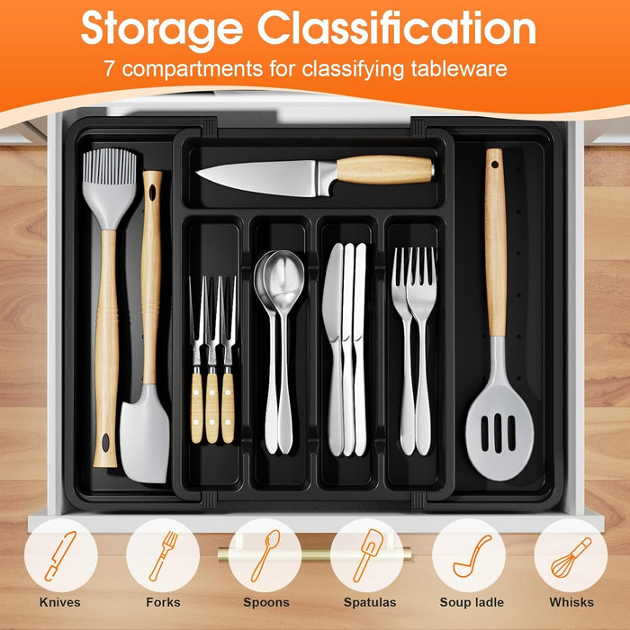 Silverware Organizer，Adjustable & Expandable Utensil Drawer Organizer, BPA Free Utensil Holder, Cutlery Tray for Forks, Spoons, Knives in Kitchen, Medium, Black