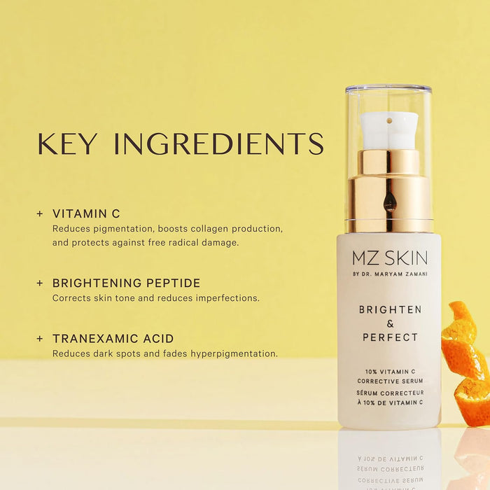 MZ SKIN Brighten & Perfect Vitamin C Serum 1.01 fl oz - 10% Brightening Treatment for Dark Spots, Pigmentation to Reveal Glowing Renewed Skin, With Tranexamic Acid
