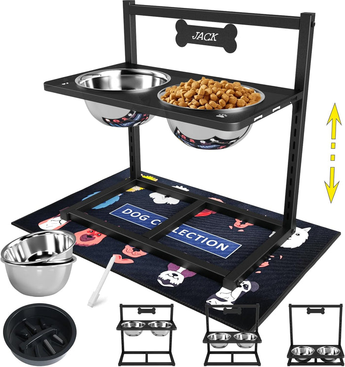 Elevated Dog Bowls with Slow Feeder - 9 Heights Adjustable Raised Dog Bowl Stand with Two 1.7L Stainless Steel Dog Food Bowls & Slow Feeder and a Nonslip Pad, Perfect for Medium Large Breed