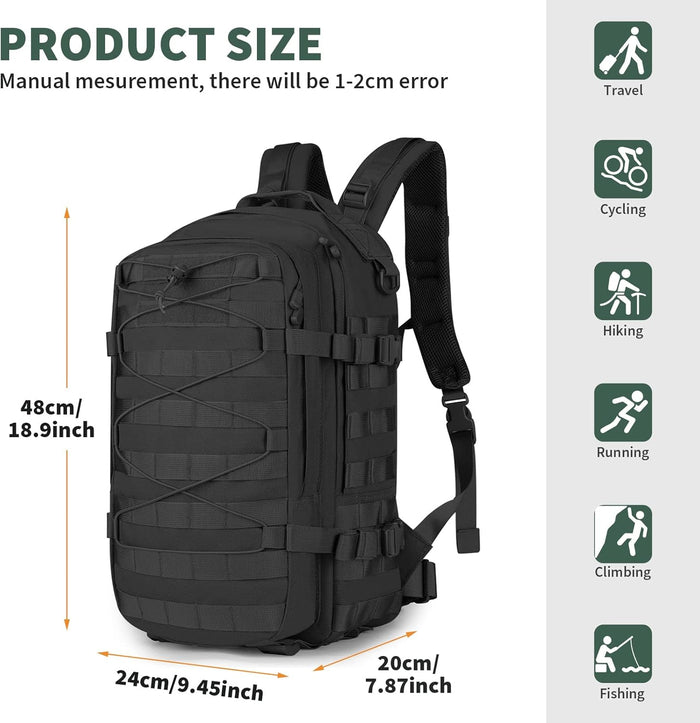 CamGo Military Tactical Backpack 25L MOLLE Hiking Daypack Trekking Rucksack Bug Out Bag for Daily Outdoor Sports(Black-25L)