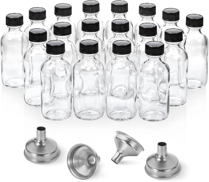 12 Pack, 2 oz Small Clear Glass Bottles w/Lid & 3 Funnels - 60ml Boston Shot Bottles for Health, Immunity, Potion, Wellness, Sample, Ginger, Juice - Mini Personal Care & Beauty Travel Bottle