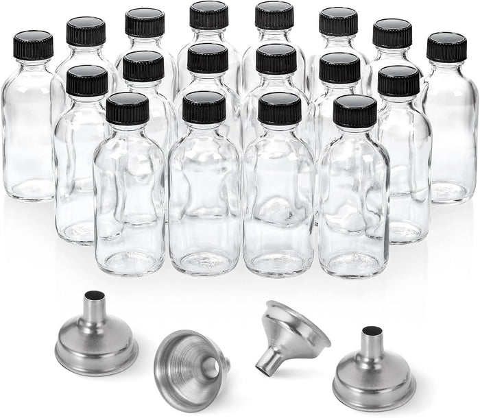 12 Pack, 2 oz Small Clear Glass Bottles w/Lid & 3 Funnels - 60ml Boston Shot Bottles for Health, Immunity, Potion, Wellness, Sample, Ginger, Juice - Mini Personal Care & Beauty Travel Bottle