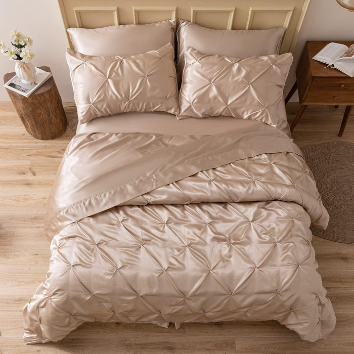 MR&HM Satin Comforter King 7 Pieces - Luxurious Pinch Pleat Bedding Set with Comforter, Flat Sheet, Fitted Sheet, Pillowcases & Shams, Super Silky Soft Bed Set for All Season (King, Black)