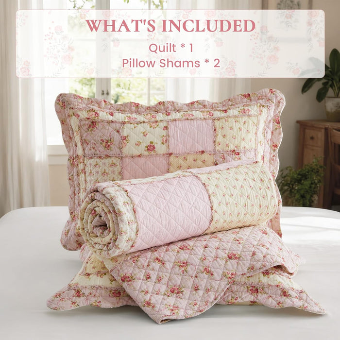 Cozyholy Queen Size Quilt Set 3-Piece, 100% Cotton Patchwork Quilt, Pink Floral Reversible Shabby Chic Bedding Bedspread for All Season, Soft Quilted Blanket with 2 Pillow Shams Machine Washable