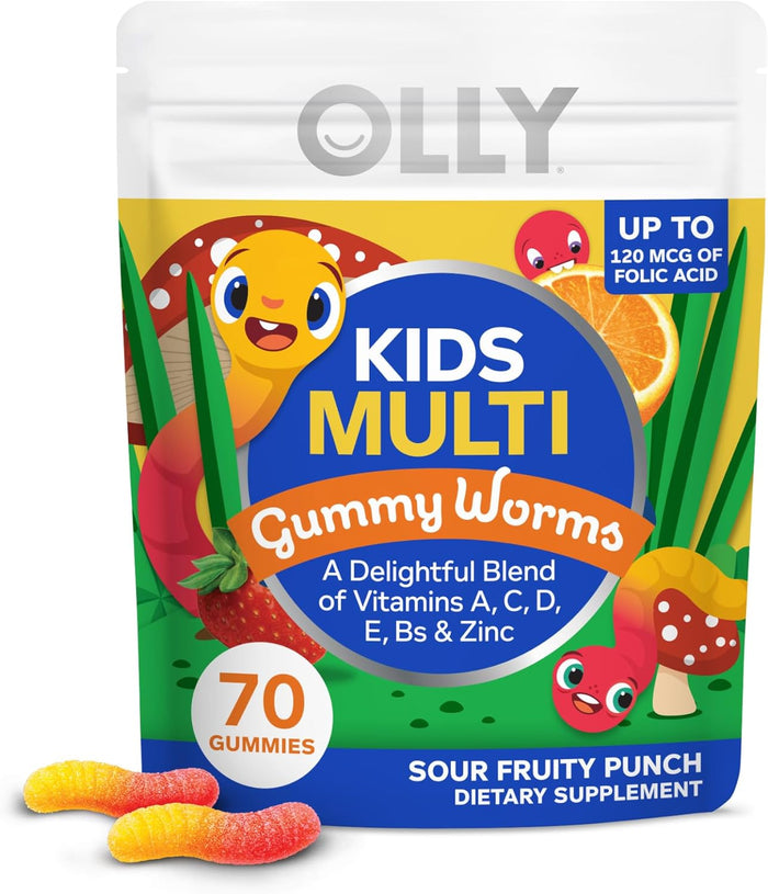 OLLY Kids Multivitamin Gummy Worms, Overall Health and Immune Support, Vitamins and Minerals A, C, D, E, Bs and Zinc, Chewable Supplement, Sour Fruit Punch, 45 Day Supply (70 Count)