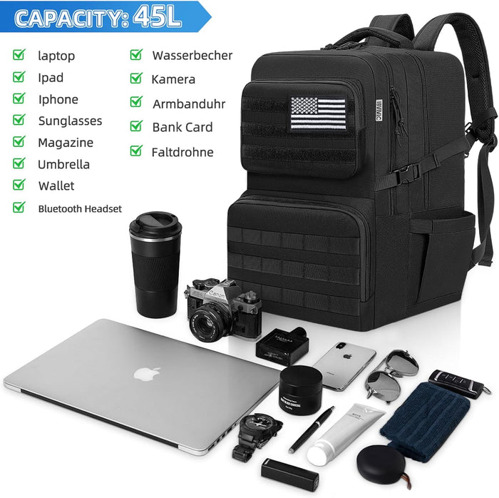 45L Military Tactical Backpack, Water-resistant Military MOLLE Assault Backpack Bag for Hunting Camping Travel Military Tactical Backpack for Men (Black)
