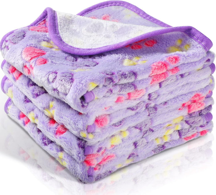 Tatuo 4 Pcs Dog Blanket for Pet Puppy Teething Toys Paw Print Fleece Blanket for Pet Cat Soft Warm Sleep Mat Guinea Pig Cage Mat(Small(24 x 16 Inch),White, Coffee, Pink, Purple)