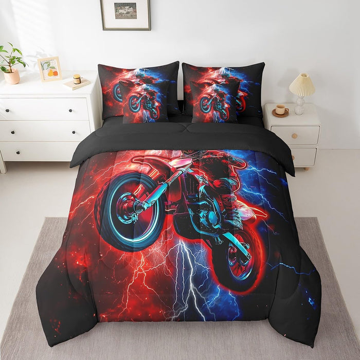 Feelyou Cool Motocross 7 Pieces Beeding Set Twin Size Dirt Bike Bed Set Ultra Soft Motorcycle Racer Bed in a Bag with Comforter, Sheets, Pillowcases for Girls Boys Room Decor Racing Motocross Rider