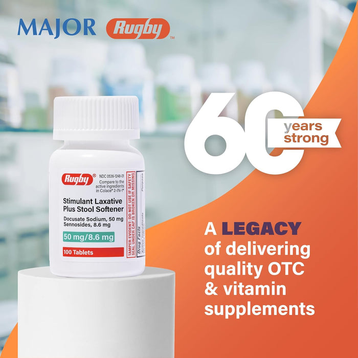 Rugby Stimulant Laxative Plus Stool Softener Docusate Sodium 50 mg/Sennosides 8.6 mg - Laxative Tablets for Constipation Relief - Stool Softeners for Women, Men, and Kids - 100 Tablets
